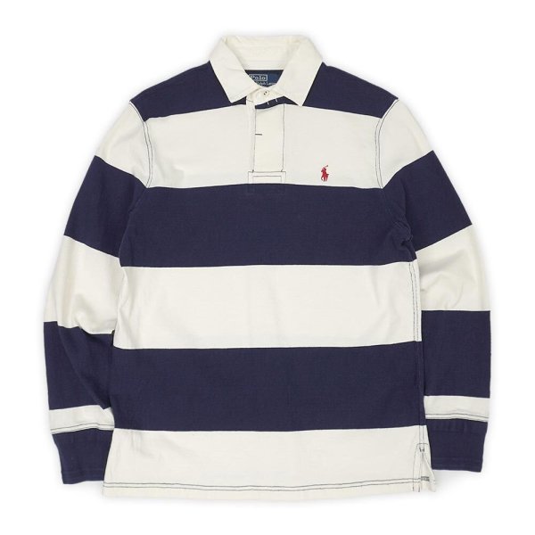 画像1: 00's Polo Ralph Lauren ワイドボーダー柄 ラガーシャツ "NAVY×WHITE" (1)